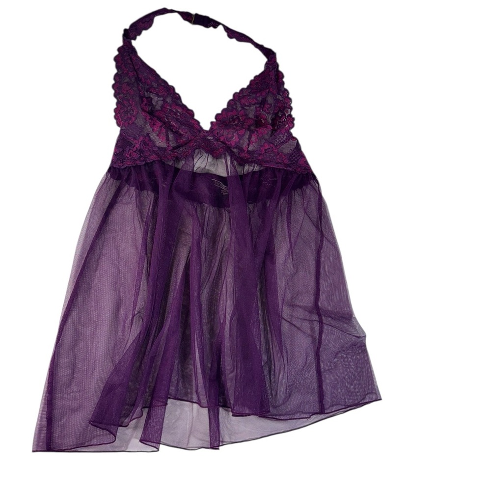 VS purple lace babydoll lingerie slip dress with a halter style and an open back